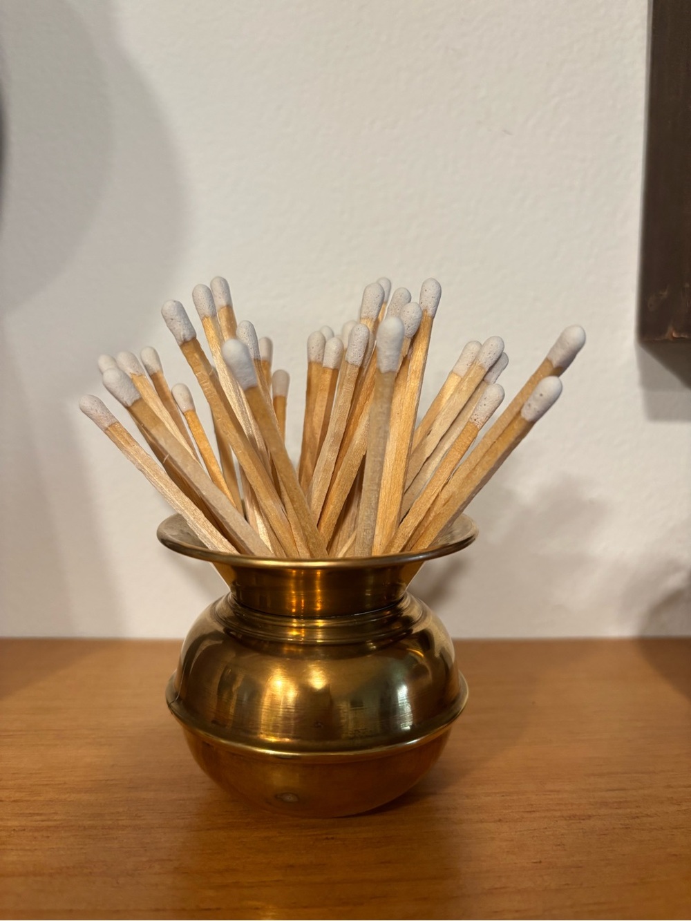 Vintage Brass Match Holder Pot w/ Wood Matches Boho Decor